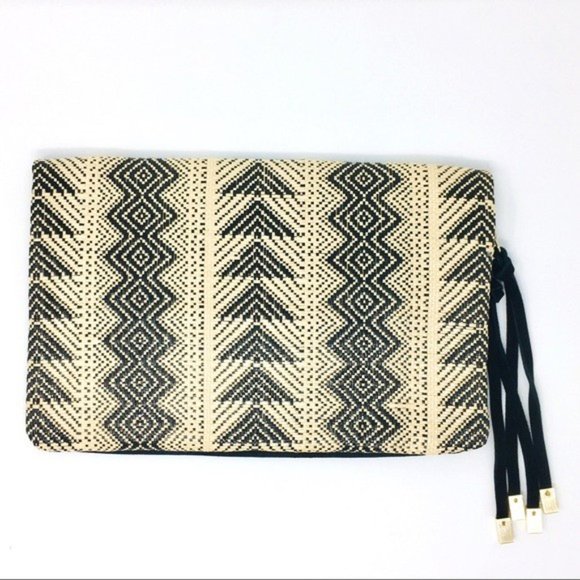 Express Clutch Envelope Tribal Aztec Woven Raffia Gold Tone Tassel Detail 13"x8" - Picture 4 of 7
